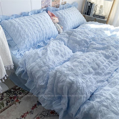 JazzHer INS Girl Blue Bedding Sets Solid Color Seersucker Ruffles Lace  Kawaii Soft Sheet Woman Duvet Cover Pillow Covers Quilt Cover