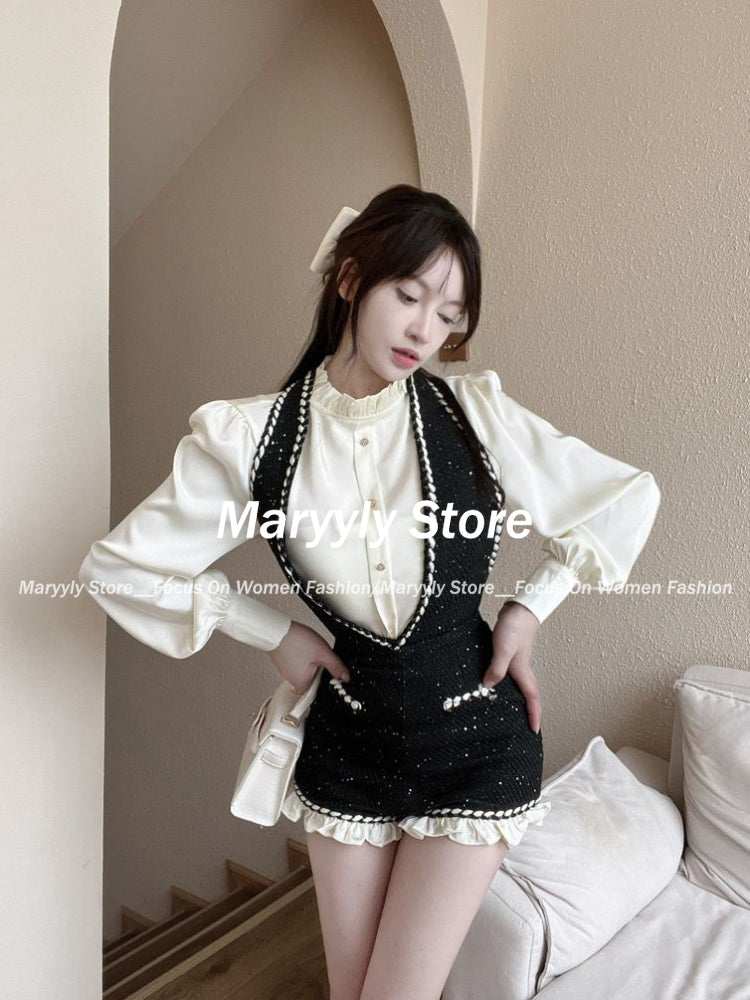 JazzHer 2025 Autumn French Sweet Hot Girl Commuting Suit Women Halter Strap Shorts Ruffled Long Sleeve Shirt Elegant Slim 2 Piece Set