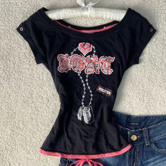 JazzHer Harajuku T shirt Women Slim Letter Bandage Kawaii Short sleeve Pink Vintage Clothes 2000s Aesthetic T shirts Grunge Crop Top Emo