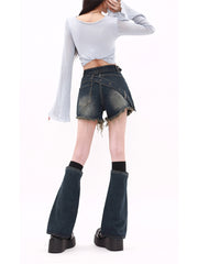 christmas outfit JazzHer Women Blue Y2k Denim Shorts Vintage Harajuku Hight Waist Jean Shorts with Leg Cover 90s Aesthetic Mini Short Pants 2000s Clothes
