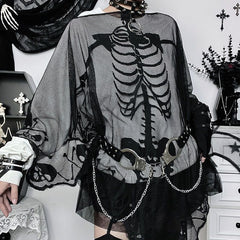 JazzHer Skulls Streetwear Punk Loose Mesh Tops Gothic Girl Emo T shirts Casual Hip Hop Dark Grunge Vintage Clothes 90S Aesthetic Y2k Tee