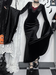 JazzHer Dark Elegant Gothic Velvet Dress Women Vintage Aesthetic Sexy Backless V-neck Feather Patchwork Flare Sleeve Party Dress