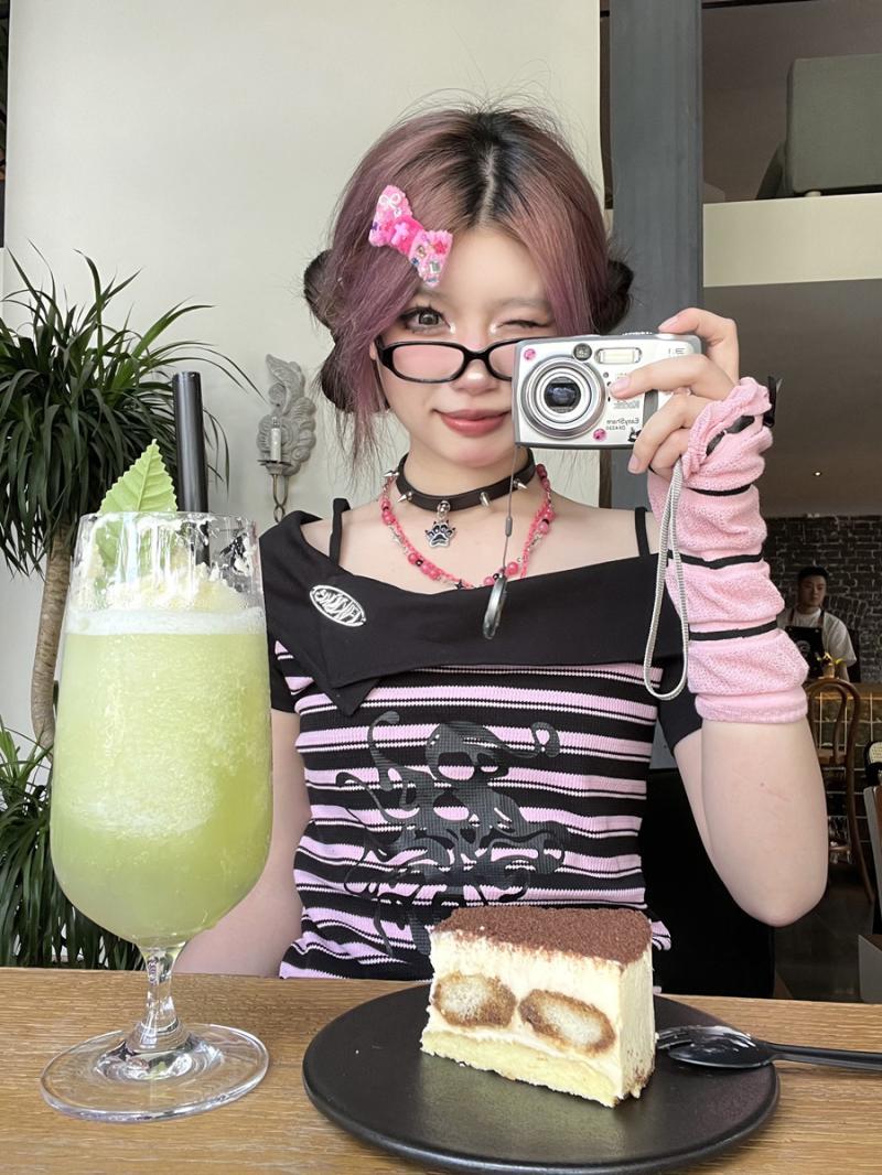 JazzHer Y2k Punk Sexy Women Clothing Gothic Stripe Streetwear Pink One shoulder Kawaii Skulls Aesthetic T Shirts 2000s Grunge Crop Top