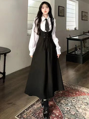 JazzHer 2025 Autumn Preppy Style 2 Piece Dress Set Women Casual Simple Shirt + Elegant Sleeveless Strap Dress Korean Fashion Dress Suit