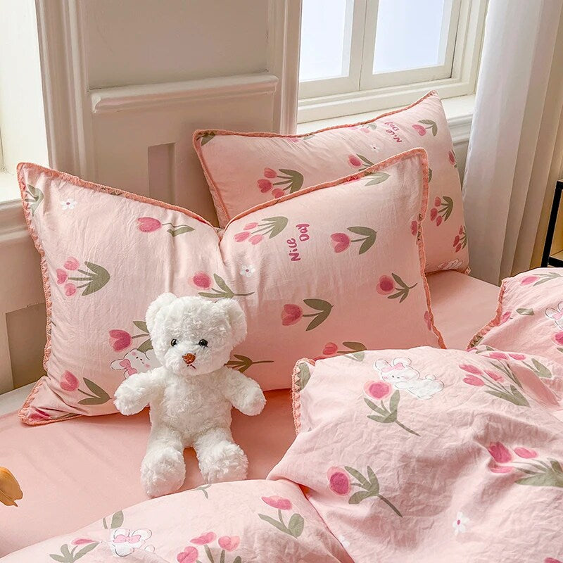 JazzHer Pink Tulip Double Layer Yarn Quilt Cover Bed Sheet Pillowcase Twin Queen Size Bedding Set Girls Women Duvet Cover Set No Filler