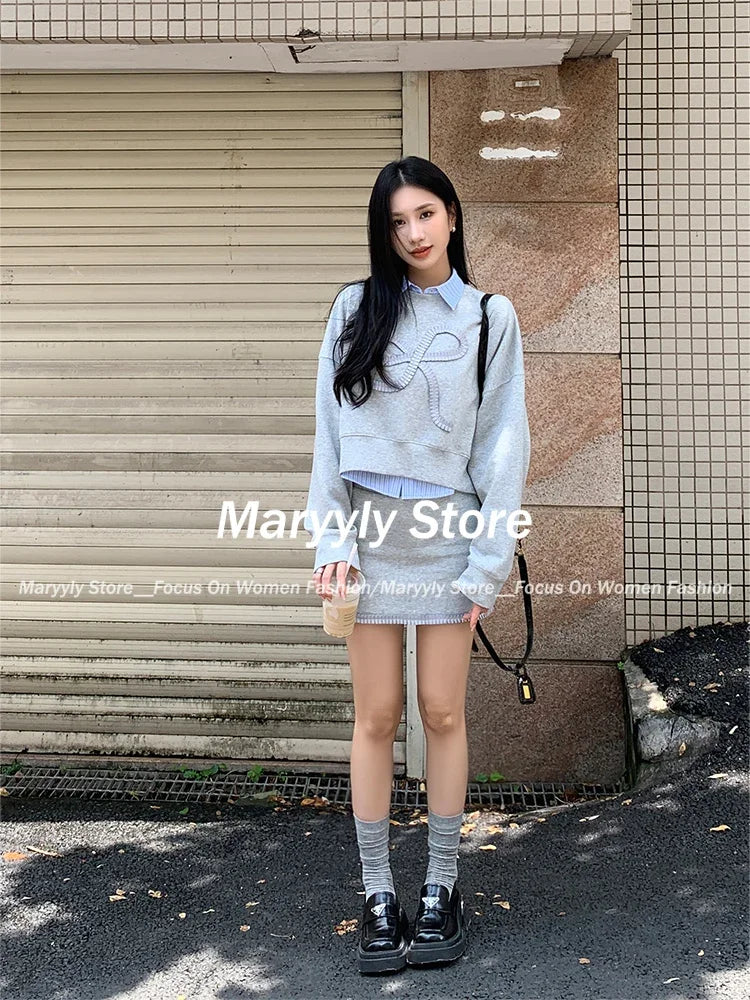 JazzHer Autumn  New Korean Preppy Style Sweet 3 Piece Set Women Y2k Bow Embroider Sweater + Striped Polo Shirt  + High Waist Mini Skirt