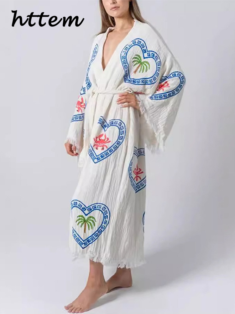 JazzHer Loose Printed Belts Long Dress Women V-neck Long Batwing Sleeve Split Holiday Dresses 2024 Summer Lady Cotton Linen Beach Robes