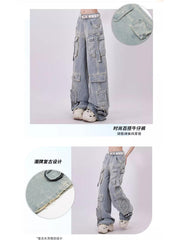 christmas outfit JazzHer Women's Light Blue Y2k Cargo Jeans Harajuku Denim Trousers Aesthetic Y2k Jean Pants Vintage Japanese 2000s Style Trashy Clothes