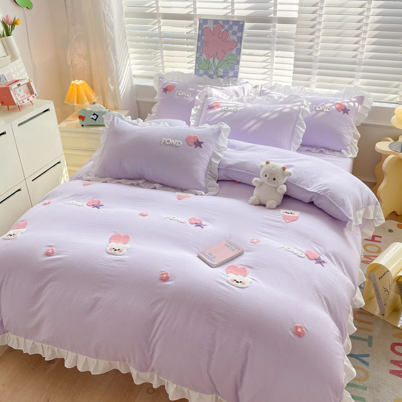 JazzHer Kawaii Princess Bedding Set with White Ruffles Korean Style Girls Single Full Duvet Cover No Filling Flat Sheet Pillowcases Kit