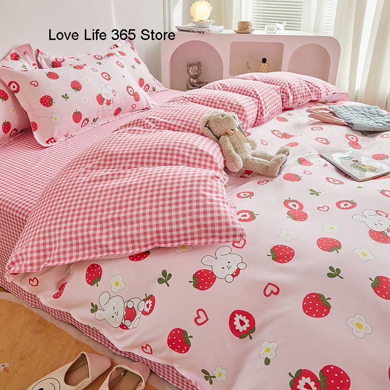 JazzHer Garden Flowers And Cute Rabbit Pattern Duvet Cover Nordic Style Full Size Bedding Sets Queen Double For Girls Gift Pink