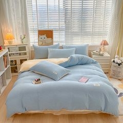 JazzHer Ins Nordic Style Bedding Set Solid Color Blue White Grey Twin Double Queen Size Duvet Cover Fitted Flat Sheet Pillowcase Kit