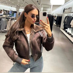 cold weather outfits JazzHer 2024 Winter New High-End FeelLamb Wool Jacket Women's Loose-Fit Leather Integrated Motorcycle Suit Thickened Cropped Cotton Coat