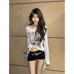 JazzHer Kawaii Cute Cat T shirts Women Clothes Winter Long Sleeves Slim Bottom One shoulder Harajuku Korea Sweet Girl Tees Y2k Top Camis