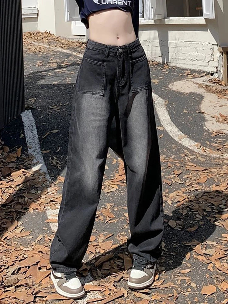 JazzHer Vintage Jeans Women Y2K High Street Loose High Waist Wide Leg Denim Pants Korean Casual Streetwear Straight Denim Trousers