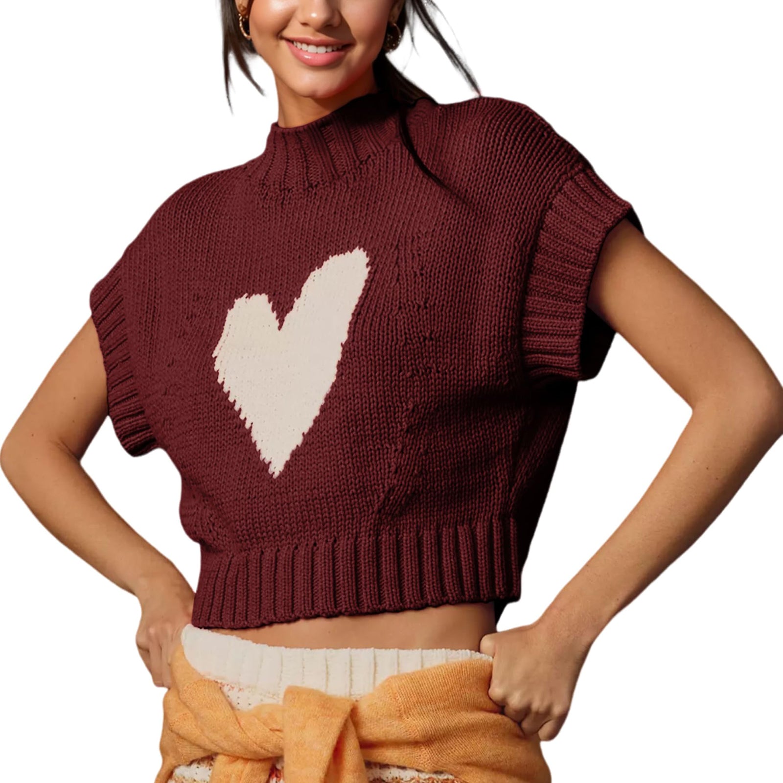 thanksgiving outfit JazzHer Womens Short Sleeve Sweater Heart Mock Neck Crop Knitted Tops Casual Streetwear for Daily Office Party