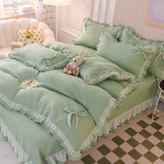 JazzHer Green Bedding Sets Kawaii Seersucker Bed Sheet Pillowcase Fashion Girl Princess Duvet Cover 4 Pieces Cute Home Decoration