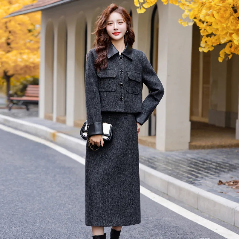 cold weather outfits JazzHer Fashionable Casual Suit Autumn/Winter New PU Leather Patchwork Tweed Style Down Jacket Half Skirt 2-Piece Set Skirt YJ6816