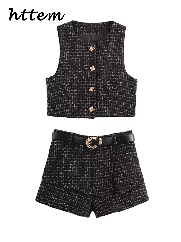 JazzHer Fashion Tweed Vest Shorts Sets Women Slim Single Breasted Vests High Waist Short Pants With Belt 2024 Autumn Lady Elegant Outfit