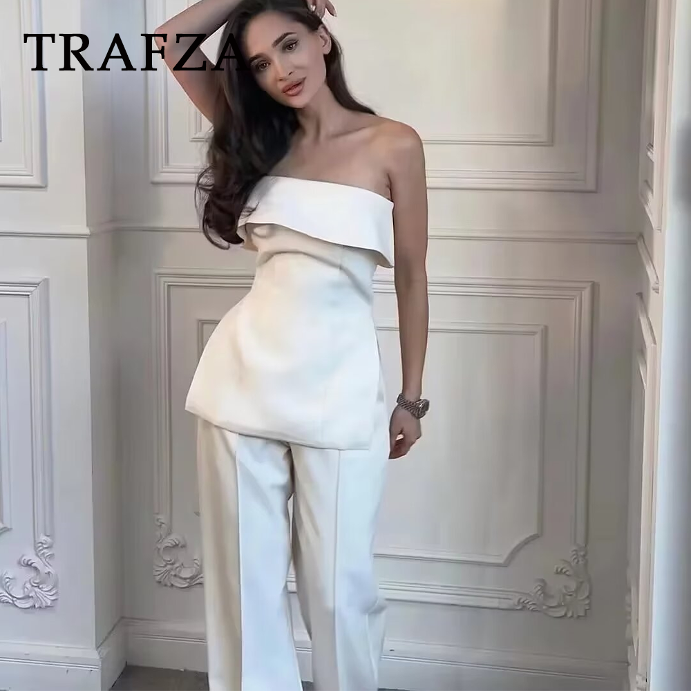 cold weather outfits JazzHer 2024 Spring Summer Women Elegant Solid Suit Fashion Casual Strapless Sleeveless Slim Short Tops+High Waist Zipper Pants