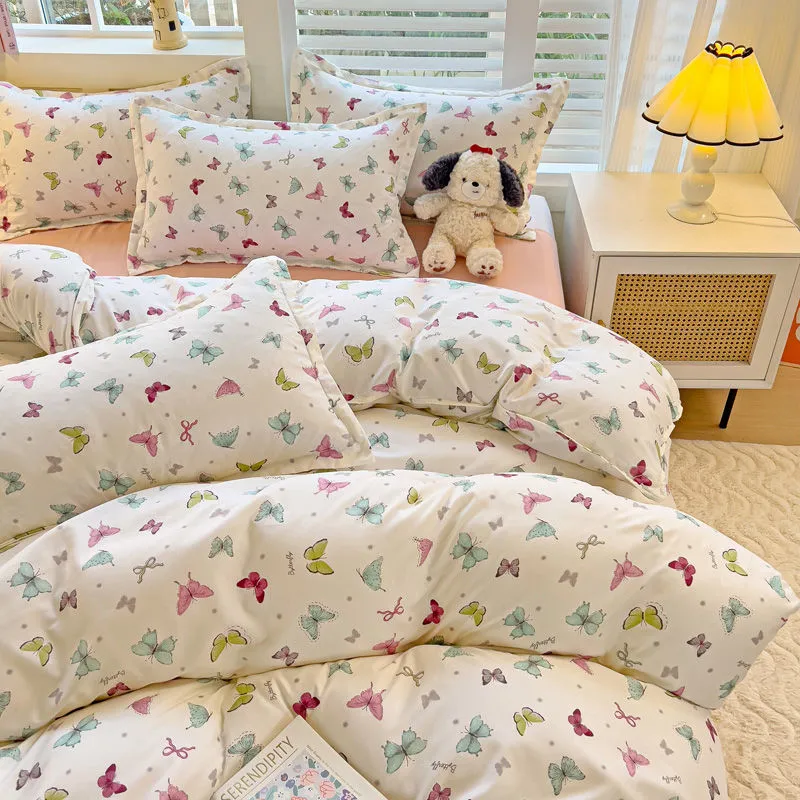 JazzHer Cute Bedding Set Kawaii Cartoon Boys Girls Ins Duvet Cover with Zipper No Filler Flat Sheet Pillowcase Queen Size Bed Linens