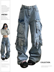 christmas outfit JazzHer Women's Blue Baggy Cargo Jeans Korean Y2k Harajuku High Waist Denim Trouser 2000s 90s Aesthetic Wide Jean Pants Vintage Clothes