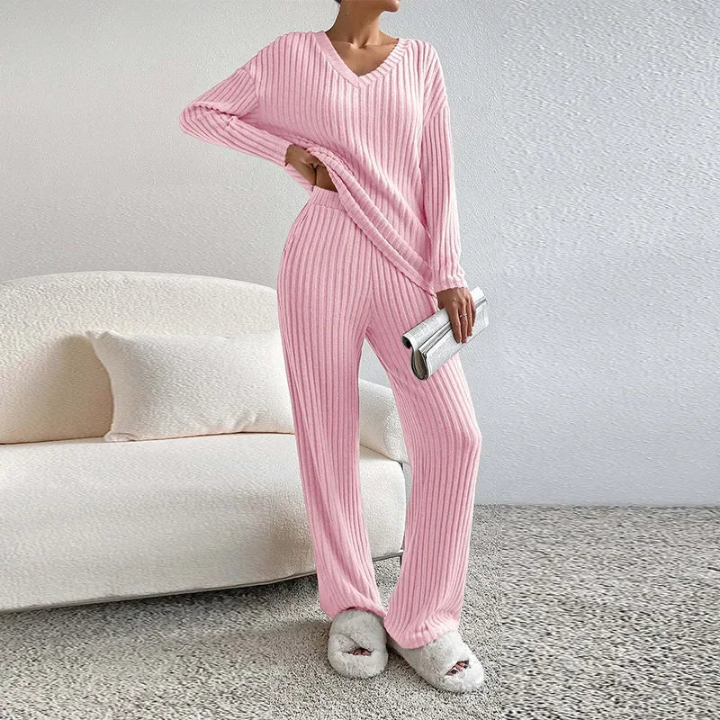 thanksgiving outfit JazzHer Casual Knitted Ribbed Pants Sets Women Solid Loose V Neck Long Sleeve Pullover Long Trousers 2024 Autumn New in Matching Outfits