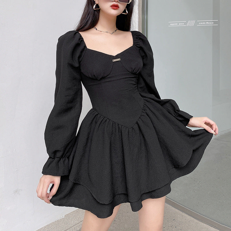 JazzHer Temperament Square Neck Puff Long Sleeve Double Short Skirt Dress