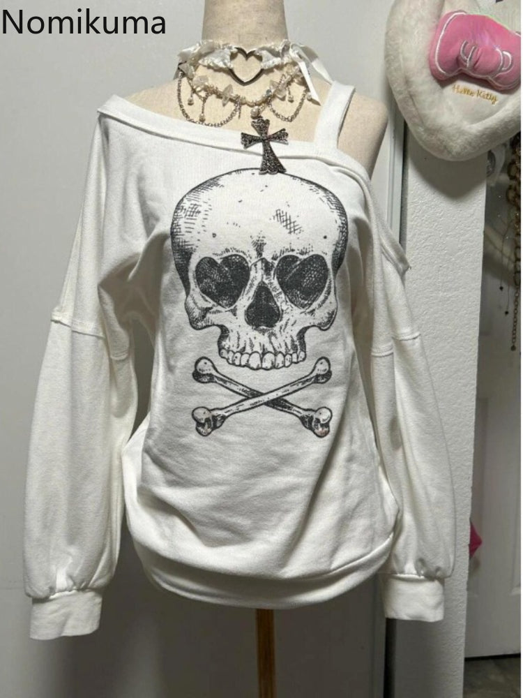 JazzHer Streetwear Sweatshirts Women Clothing Vintage Skull Print Y2k Tops 2025 Ropa Mujer Off Shoulder Fashion Casual Oversized Hoodies