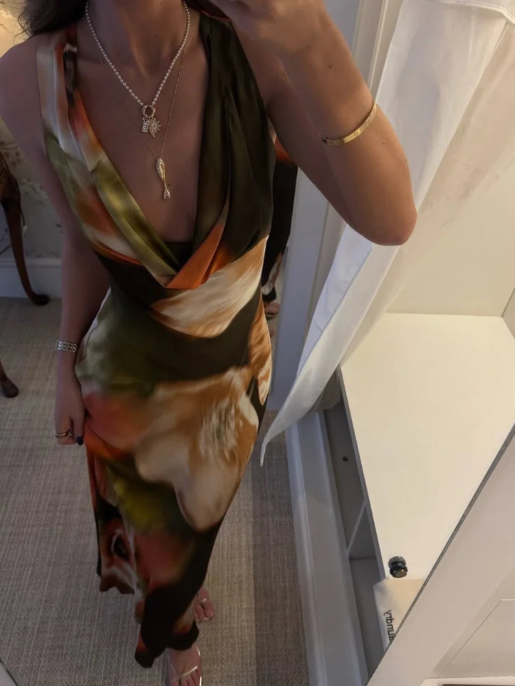 JazzHer Women Tie Dyed Print Ruffles Maxi Dress Elegant Swing Neck Slim Fit Maxi Dresses Sexy Open Back Summer Evening Party Gowns 2025