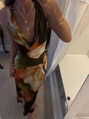 JazzHer Women Tie Dyed Print Ruffles Maxi Dress Elegant Swing Neck Slim Fit Maxi Dresses Sexy Open Back Summer Evening Party Gowns 2025