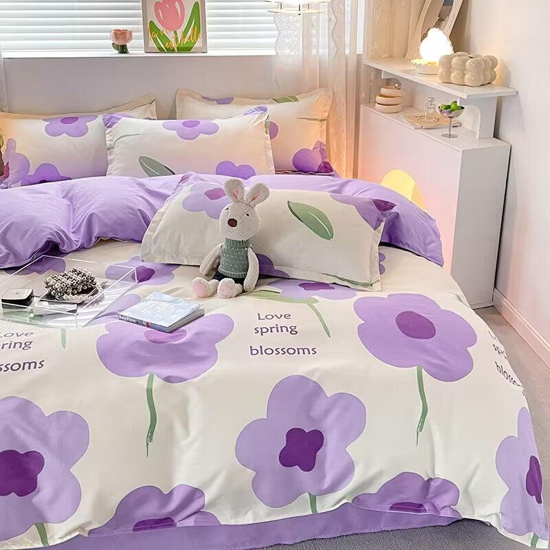 JazzHer Korean Pink Rose Duvet Cover Set Soft Green Flat Sheet Quilt Cover Pillowcase Bed Linen Twin Queen Full Size Floral Bedding Set