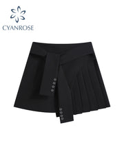 christmas outfit JazzHer Women Mini Skirt 2025 Summer Fashion High Waist Black Pleated Skirt Streetwear Casual Loose Belt Irregular Suit Skirt Femlae