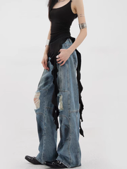 christmas outfit JazzHer Women's Blue Y2k Ripped Jeans Harajuku Japanese 2000s Style 90s Aesthetic Baggy Denim Trousers Vintage Jean Pants Trashy Clothes