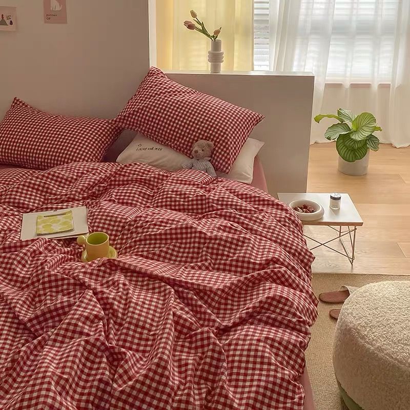 JazzHer Simple Bedding Set Plaid Sold Color Single Queen Size Duvet Cover No Filling Boys Girls Flat Sheet Pillowcase Kit