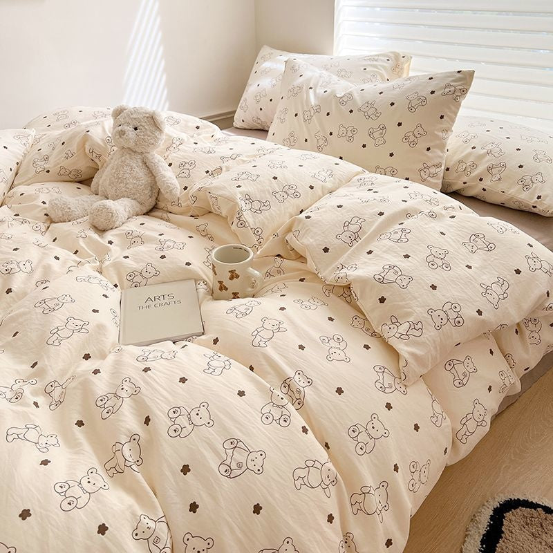 JazzHer INS Cute Little Dog Teddy Double Layer Bedding Set Lovely Cartoon Animal Brown Sheet With Pillowcases Quilt Dormitory For Kids