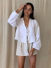 JazzHer Linen Bow Lace Up Hollow Out Blouses Women Solid Loose V Neck Long Sleeve Shirts 2024 Spring Summer Lady Fashion Casual Tops