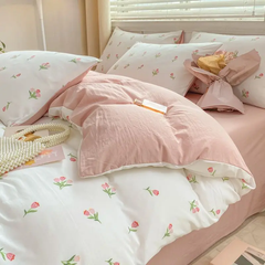 JazzHer Romantic Tulip Pink Bedding Set Bed Flat Sheet Pillowcase Twin Full Queen Bed Linen Kids Girls Floral Duvet Cover No Filling