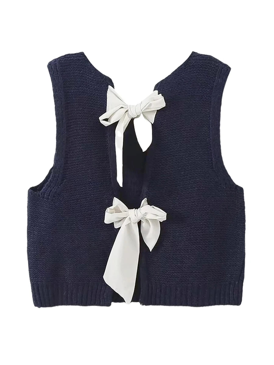 thanksgiving outfit JazzHer New Fashion Women Fall Knit Waistcoat Bow Tie Back Sweater Vest Slim Fit Tank Tops Streetwear Hot Sale S M L