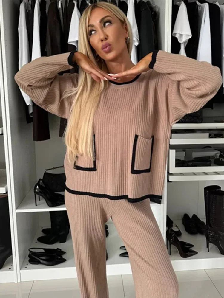 JazzHer Casual Knitted Contrast Pants Sets Women O-neck Long Sleeve Pullover Wide Leg Side Split Pant 2024 Autumn Lady Knit 2 Piece Set