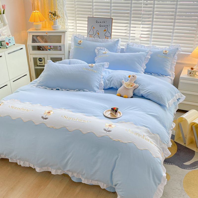 JazzHer Ins Korean Style Bedding Set with Ruffles Princess Duvet Cover No Filling Flat Sheet Pillowcases Kit Girls Blue Pink Solid Color