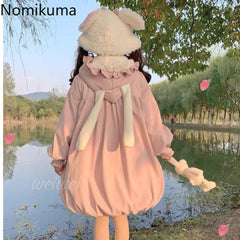 JazzHer Japanese Sweet Coat Women Clothing Cute Rabbit Ears Hooded Outwear Y2k Tops Thicked Fashion Warm Lolita Jackets 2025 Ropa Mujer