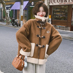 cold weather outfits JazzHer Vintage Brown Leather Women's Cropped Jacket Lamb Wool Integrated Pocket Maillard Autumn/Winter New Arrival Thickened Loose Fit