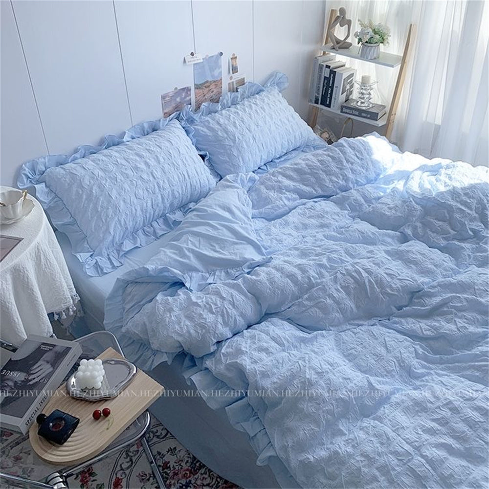 JazzHer INS Girl Blue Bedding Sets Solid Color Seersucker Ruffles Lace  Kawaii Soft Sheet Woman Duvet Cover Pillow Covers Quilt Cover