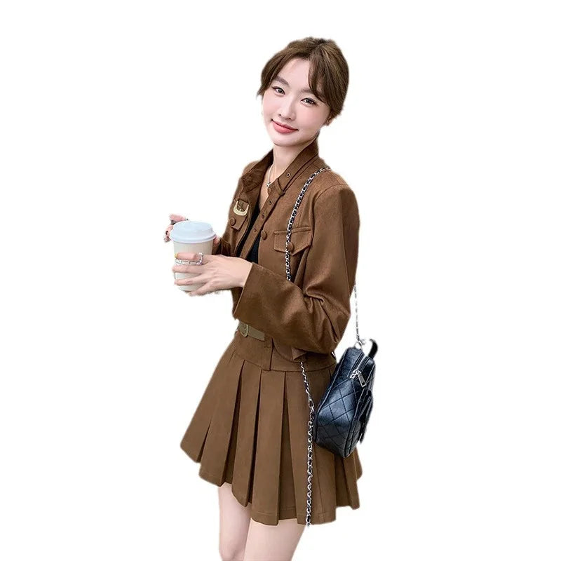 cold weather outfits JazzHer Maillardchamois Leather Vintage Korean Style Cropped Mini Dress 2024 Autumn New Arrival Women's Top Jacket Suit