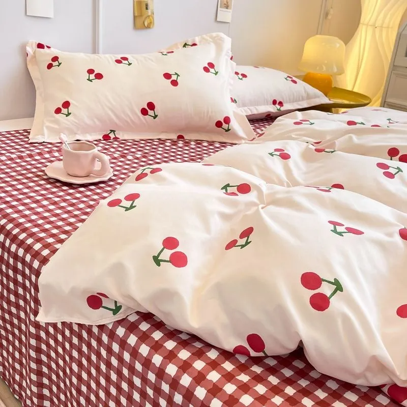 JazzHer Ins Style Duvet Cover Set with Flat Sheet Pillowcases Cute Orange Cherry Crow Printed Single Double Queen Size Girls Bedding Kit