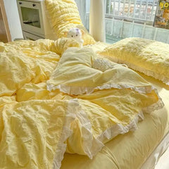 JazzHer Ins Style Korean Princess Bedding Set Duvet Cover Wash Cotton Solid Color Summer Soft Bed Sheet Set Comfortable Set Quilt Cover