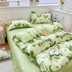 JazzHer White Green Bedding Set Floral Ins Duvet Cover with Zipper No Filler Flat Sheet Pillowcase Twin Queen Size Bed Linens