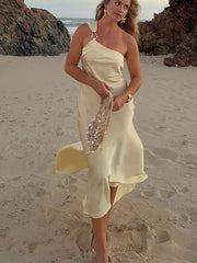 JazzHer Elegant Satin Lace Up Long Dress Sexy Yellow Backless Sleeveless Off Shoulder Robes New Female Summer Beach Party Vestidos 2025