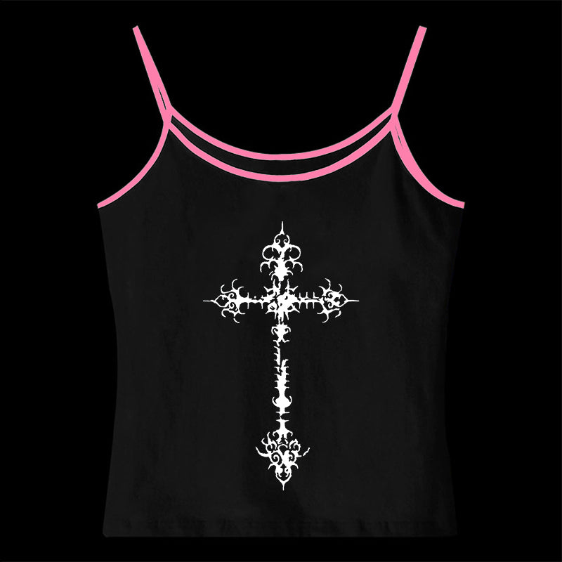 JazzHer Y2K Gothic Grunge Punk Aesthetic Print Lace Camisole Top Fashion Sexy Sleeveless Slim Chic Crop Top 90s Vintage Rock Women's Tee