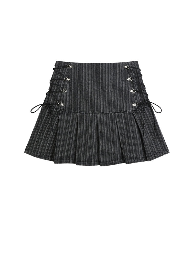 christmas outfit JazzHer Y2k Pleated Skirt Women Sexy High Waist Grey Stripe Bandage Mini Skirts 2025 Summer New A Line Skirt Vintage Harajuku Streetwar